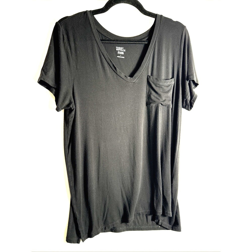 Market Spruce Black T-Shirt Dress Women's Large with Pocket 27" Long V Neck